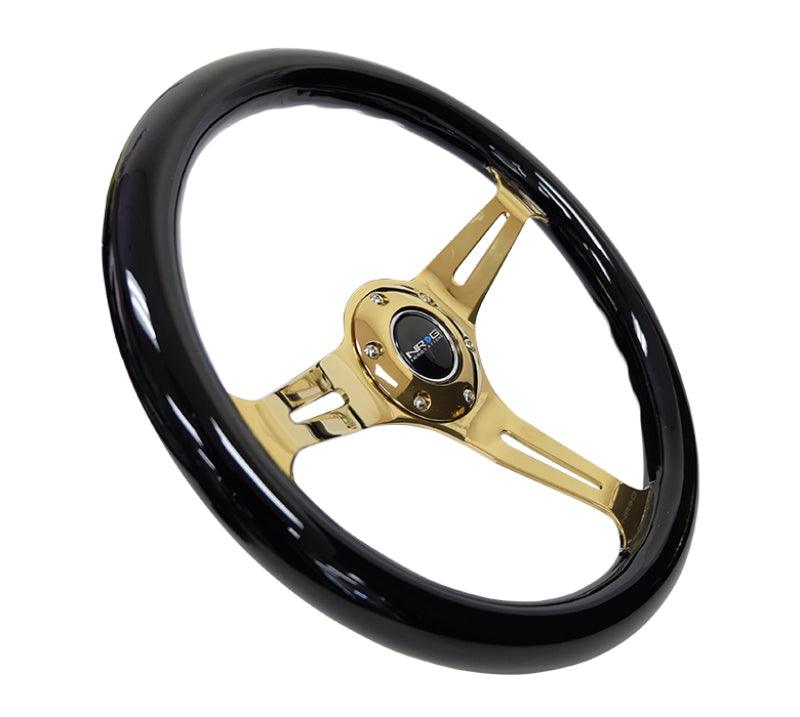 NRG Classic Wood Grain Steering Wheel (350mm) Black Grip w/Chrome Gold 3-Spoke Center - Corvette Realm