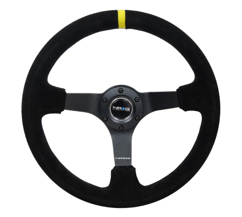 NRG Reinforced Steering Wheel (350mm / 3in. Deep) Blk Suede/X-Stitch w/5mm Blk Spoke & Yellow CM - Corvette Realm