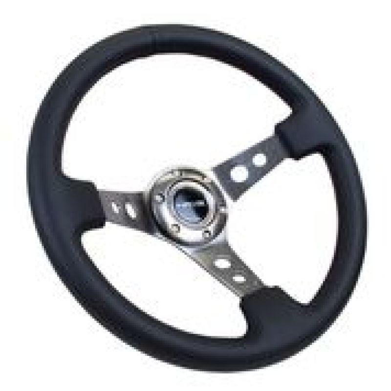 NRG Reinforced Steering Wheel (350mm / 3in. Deep) Blk Leather w/Gunmetal Circle Cutout Spokes - Corvette Realm