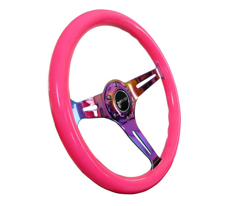 NRG Classic Wood Grain Steering Wheel (350mm) Neon Pink Painted Grip w/Neochrome 3-Spoke Center - Corvette Realm