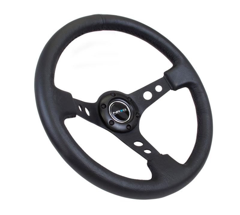 NRG Reinforced Steering Wheel (350mm / 3in. Deep) Blk Leather w/Blk Spoke & Circle Cutouts - Corvette Realm