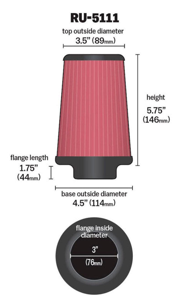 K&N Filter Universal Rubber Filter 3 Flange 4 1/2 Base inch 3 1/2 inch Top 5 3/4 inch Height - Corvette Realm