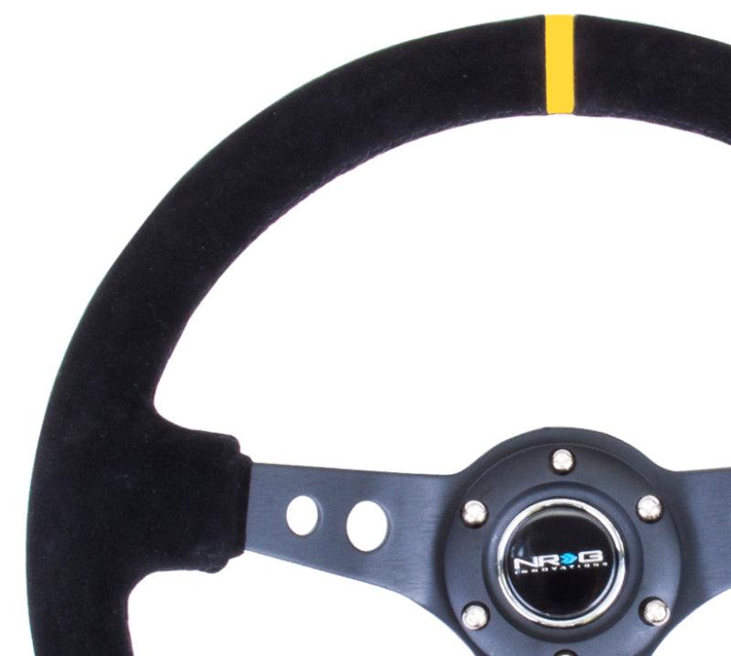 NRG Reinforced Steering Wheel (350mm / 3in. Deep) Blk Suede w/Circle Cut Spokes & Single Yellow CM - Corvette Realm