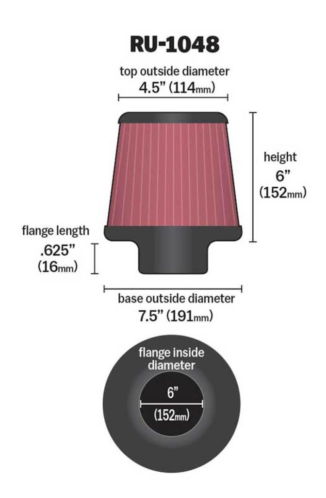 K&N Universal Clamp-On Air Filter 6in Flange / 7-1/2in Base / 4-1/2in Top / 6in Height - Corvette Realm