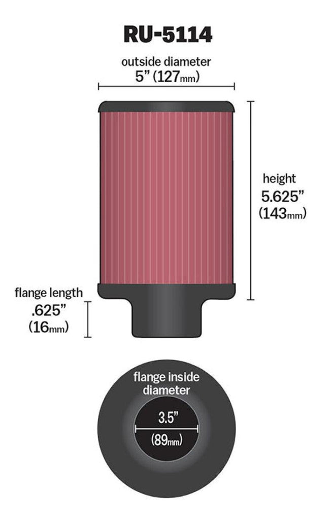 K&N Filter Universal Rubber Filter 3.5in Flange ID x 5in OD x 5.625in H - Corvette Realm