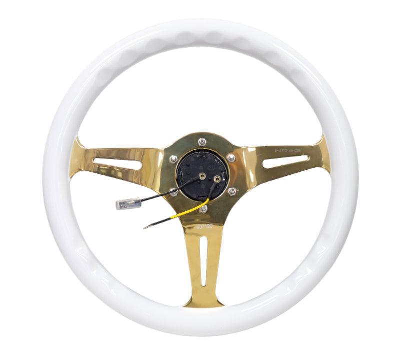 NRG Classic Wood Grain Steering Wheel (350mm) White Grip w/Chrome Gold 3-Spoke Center - Corvette Realm