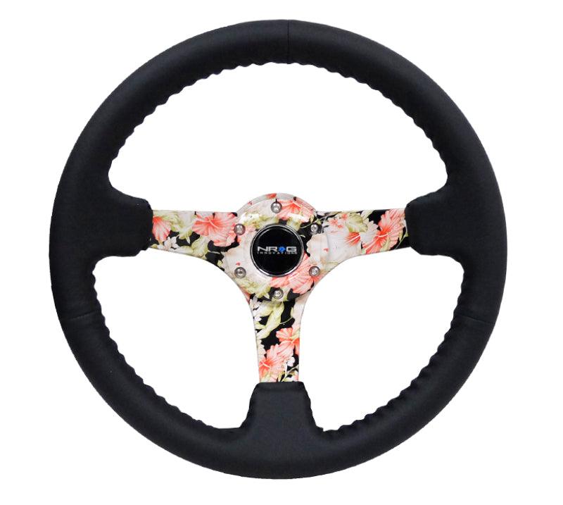 NRG Reinforced Steering Wheel (350mm / 3in. Deep) Blk Leather Floral Dipped w/ Blk Baseball Stitch - Corvette Realm