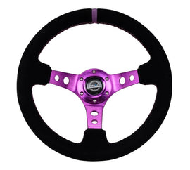 NRG Reinforced Steering Wheel (350mm / 3in. Deep) Black Suede w/Purple Center & Purple Stitching - Corvette Realm