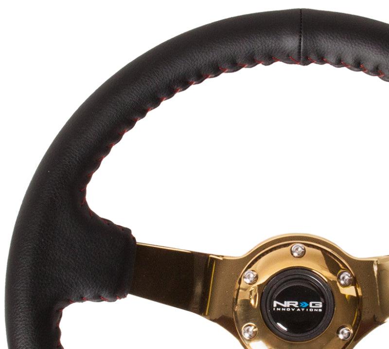 NRG Reinforced Steering Wheel (350mm / 3in. Deep) Blk Leather/Red BBall Stitch w/4mm Gold Spokes - Corvette Realm