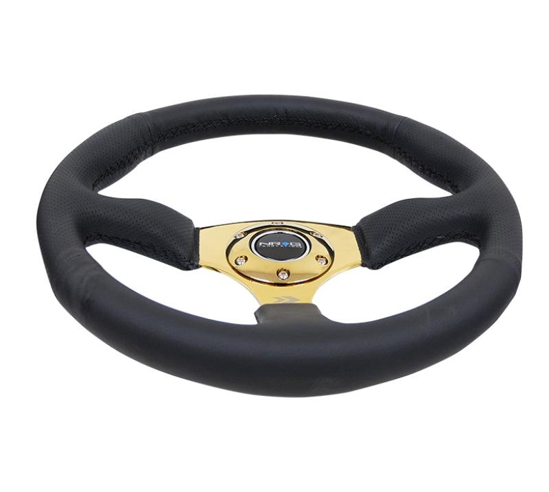 NRG Reinforced Steering Wheel (350mm / 2.5in. Deep) Leather Race Comfort Grip w/4mm Gold Spokes - Corvette Realm