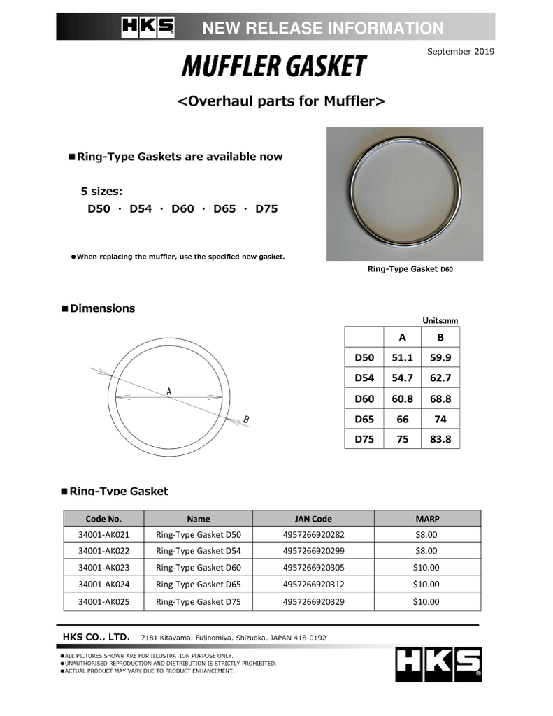 HKS Muffler Gasket 51.1mm ID 59.9mm OD - Corvette Realm