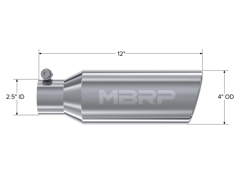 MBRP Universal Tip 4in OD 2.5in Inlet 12in Length Angled Cut Rolled End Clampless No-Weld T304 - Corvette Realm