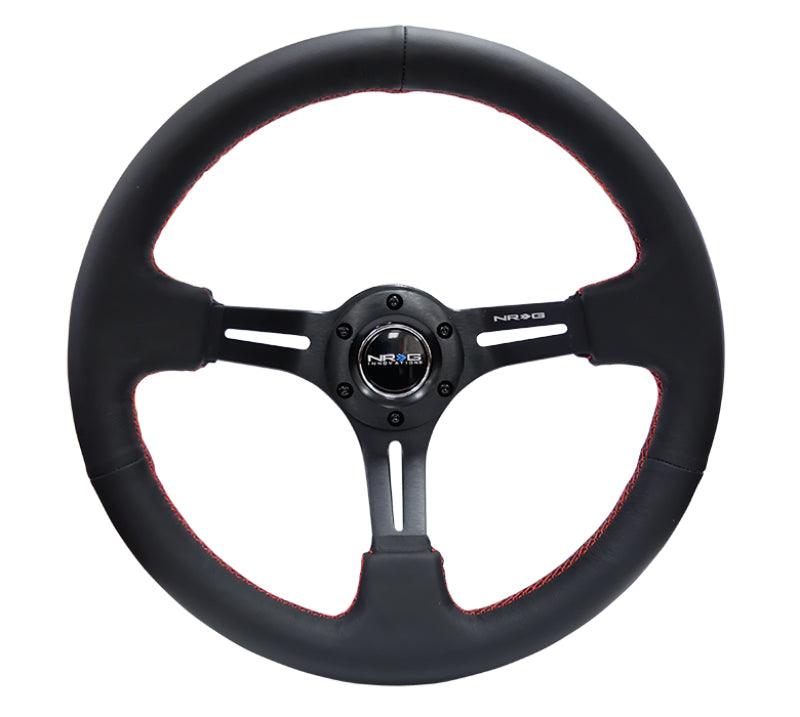 NRG Reinforced Steering Wheel (350mm / 3in. Deep) Black Leather/Red Stitch & Blk 3-Spoke w/Slits - Corvette Realm