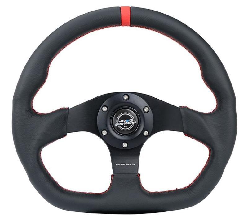 NRG Reinforced Steering Wheel (320mm) Sport Leather Flat Bottom w/ Red Center Mark/ Red Stitching - Corvette Realm