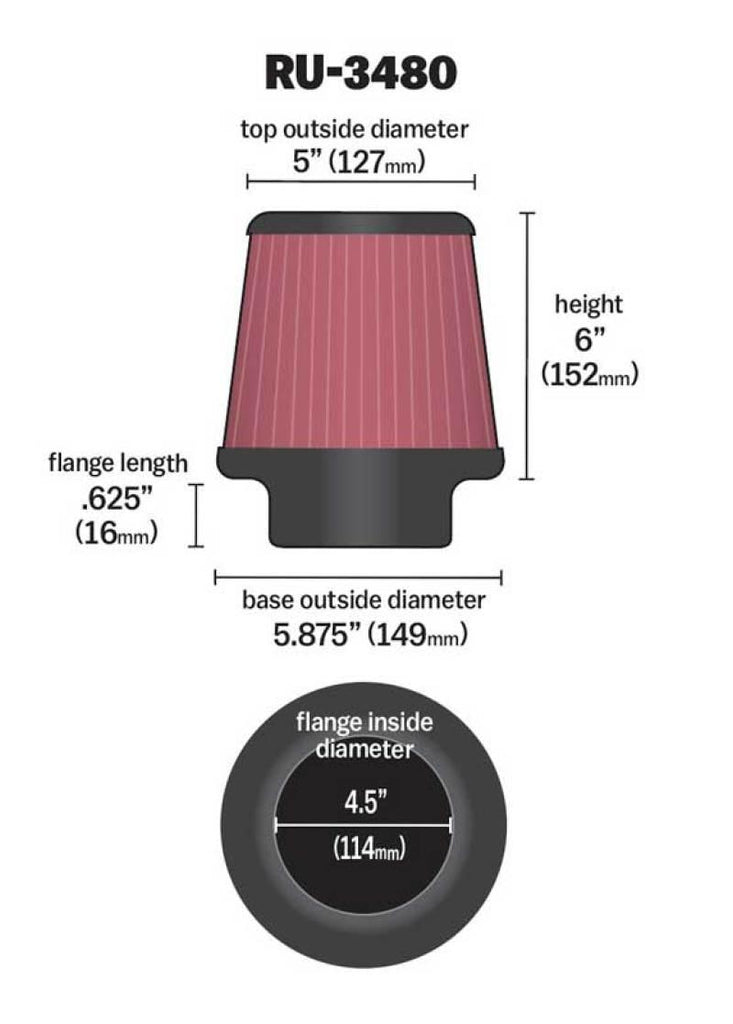 K&N Universal Rubber Filter 4 1/2 inch FLG / 5 7/8 inch Base / 5 inch Top / 6 inch Height - Corvette Realm