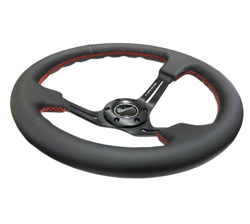 NRG Reinforced Steering Wheel (350mm / 3in. Deep) Black Leather/Red Stitch & Blk 3-Spoke w/Slits - Corvette Realm