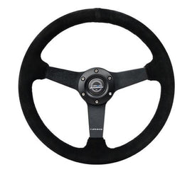 NRG Sport Steering Wheel (350mm / 1.5in Deep) Black Suede/Black Stitch w/Matte Black Solid Spokes - Corvette Realm