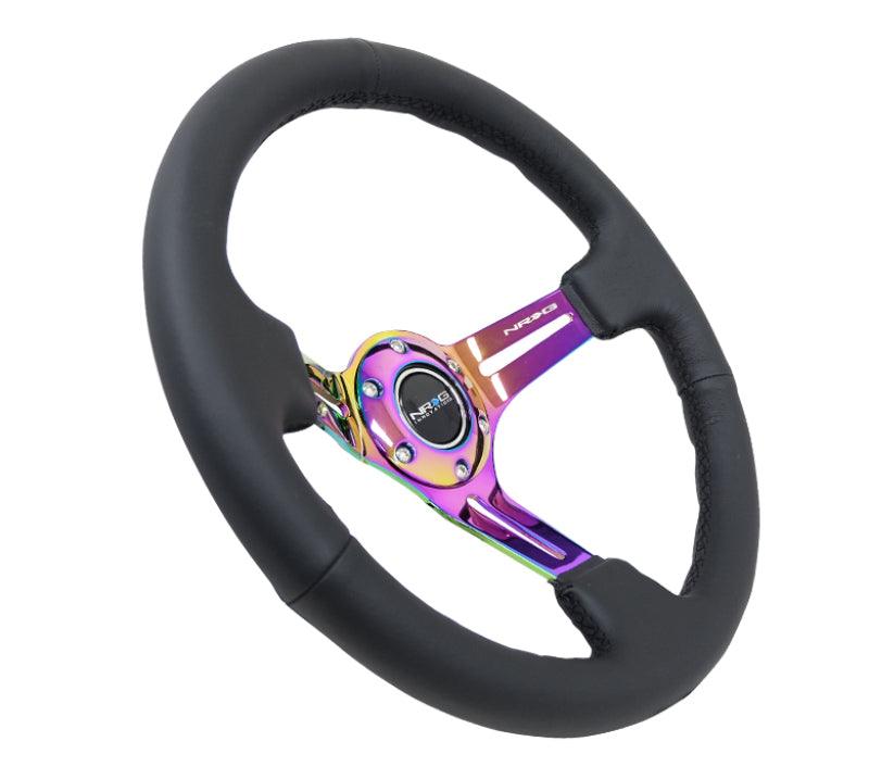 NRG Reinforced Steering Wheel (350mm / 3in. Deep) Blk Leather/Blk Stitch w/Neochrome Slits - Corvette Realm