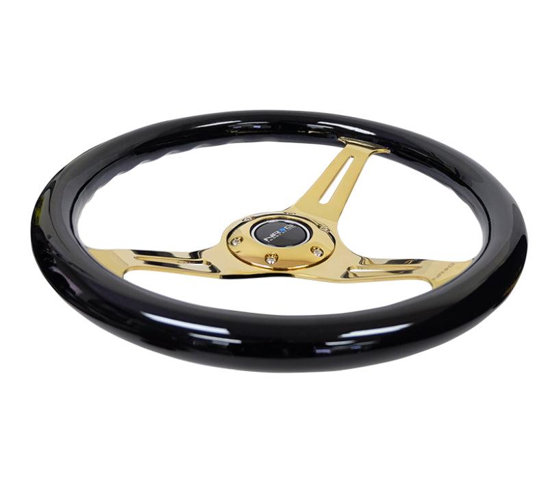 NRG Classic Wood Grain Steering Wheel (350mm) Black Grip w/Chrome Gold 3-Spoke Center - Corvette Realm