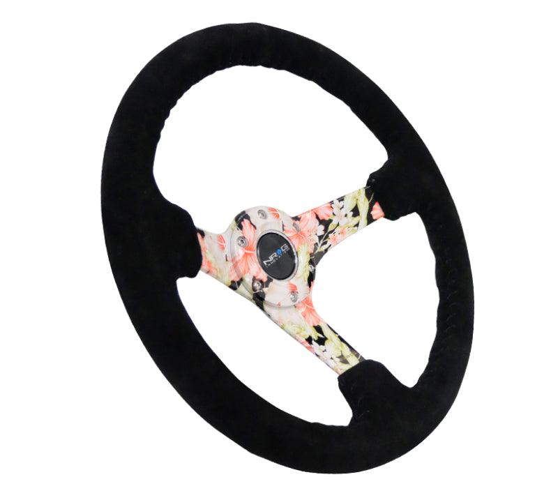 NRG Reinforced Steering Wheel (350mm / 3in. Deep) Blk Suede Floral Dipped w/ Blk Baseball Stitch - Corvette Realm