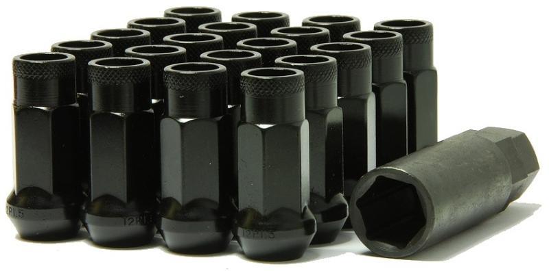  20 Black 12x1.25 lug nuts set in 4 rows of 5 with a lug nut key laying to the right