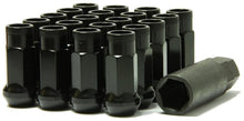 Load image into Gallery viewer,  20 Black 12x1.25 lug nuts set in 4 rows of 5 with a lug nut key laying to the right