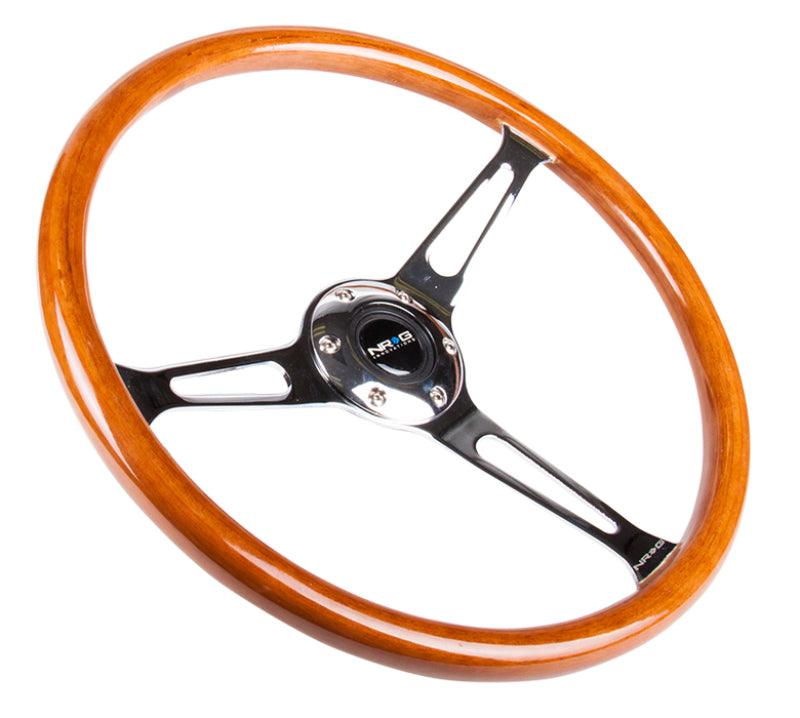 NRG Reinforced Steering Wheel (360mm) Classic Wood Grain w/Chrome Cutout 3-Spoke Center - Corvette Realm