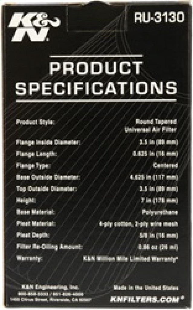 K&N Filter Universal Rubber Filter 3 1/2 inch Flange 4 5/8 inch Base 3 1/2 inch Top 7 inch Height - Corvette Realm