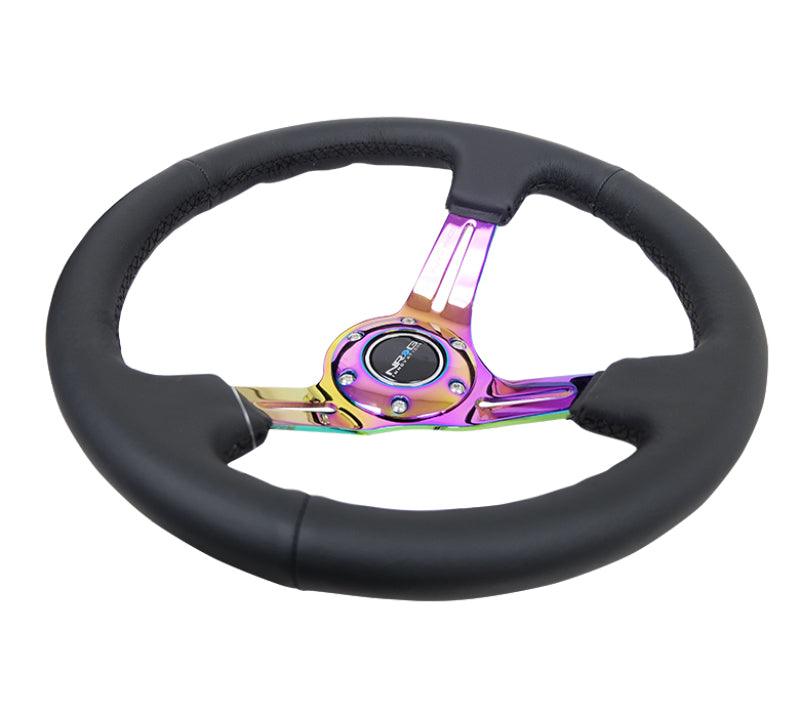 NRG Reinforced Steering Wheel (350mm / 3in. Deep) Blk Leather/Blk Stitch w/Neochrome Slits - Corvette Realm