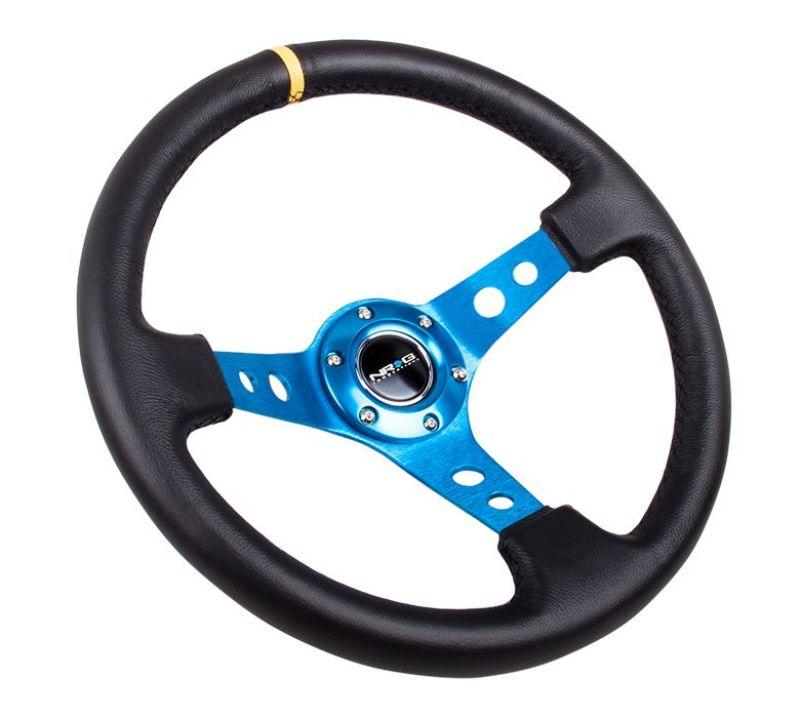 NRG Reinforced Steering Wheel (350mm / 3in. Deep) Blk Leather w/Blue Circle Cutout Spokes - Corvette Realm