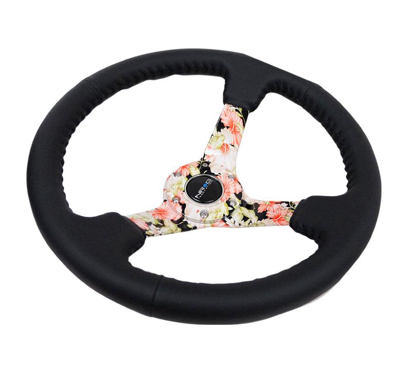 NRG Reinforced Steering Wheel (350mm / 3in. Deep) Blk Leather Floral Dipped w/ Blk Baseball Stitch - Corvette Realm