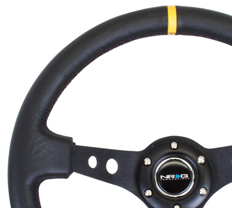 NRG Reinforced Steering Wheel (350mm / 3in. Deep) Blk Leather w/Blk Cutout Spoke/Yellow Center Mark - Corvette Realm