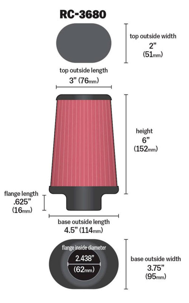 K&N Universal Clamp-On Air Filter 2-7/16in Flange 4-1/2x3-3/4in Base 3x2in Top 6in Height - Corvette Realm