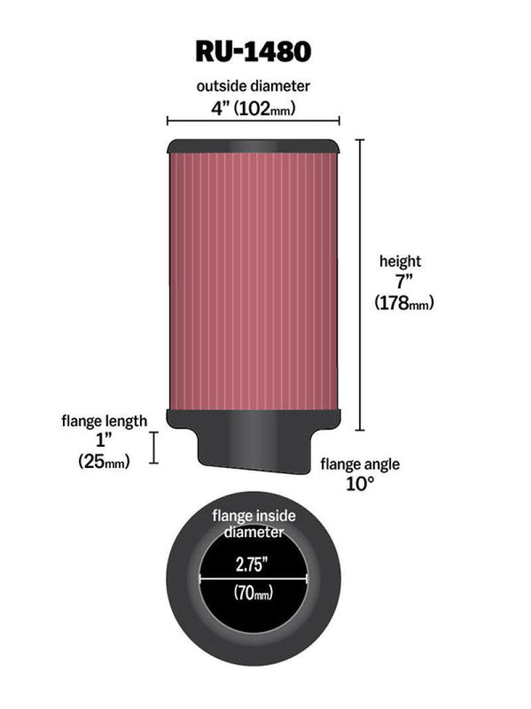 K&N Filter Universal Rubber Filter 10 Degree Flange Angle 4in OD x 2.75in Flange ID x 7in H - Corvette Realm