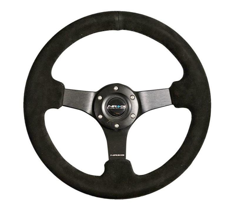 NRG Reinforced Steering Wheel (330mm / 3in Deep) Blk Suede w/Criss Cross Stitch w/Blk 3-Spoke Center - Corvette Realm