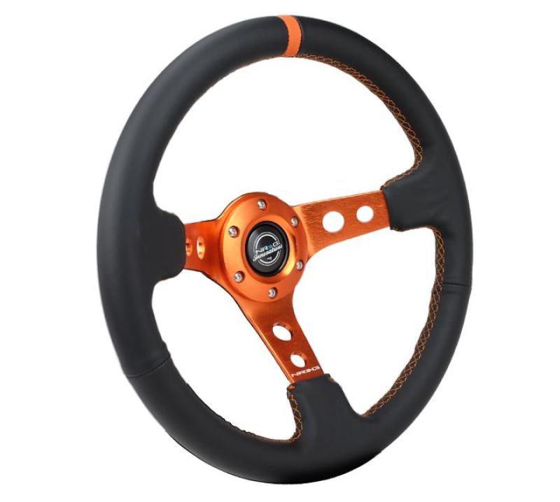 NRG Reinforce Steering Wheel (350mm / 3in. Deep) Blk Leather, Orange Center Mark w/ Orange Stitching - Corvette Realm