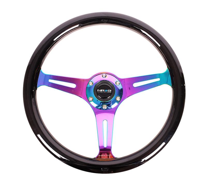 NRG Classic Wood Grain Steering Wheel (350mm) Black Paint Grip w/Neochrome 3-Spoke Center - Corvette Realm