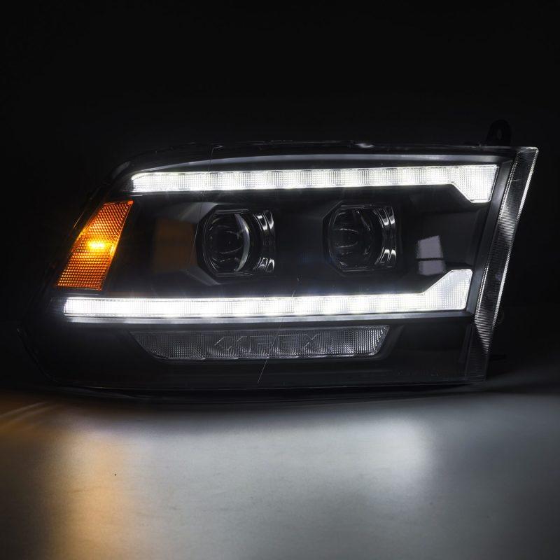 AlphaRex 09-18 Dodge Ram 2500 LUXX LED Proj Headlights Plank Style Blk w/Activ Light/Seq Signal/DRL - Corvette Realm