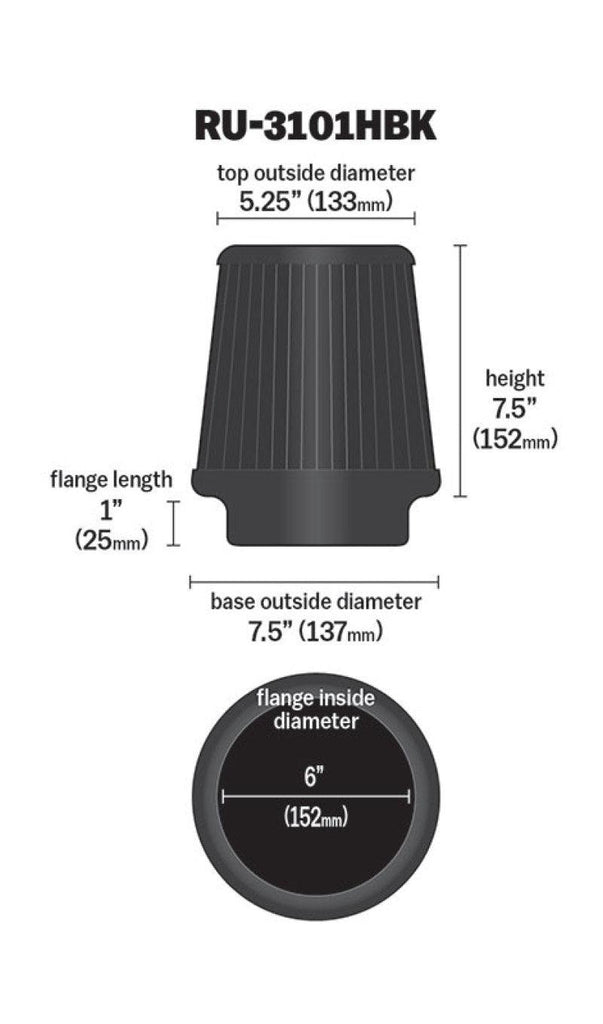 K&N Universal Rubber Filter Round Tapered 6in Flange ID x 7.5in Base OD x 5.25in Top OD x 8in Height - Corvette Realm