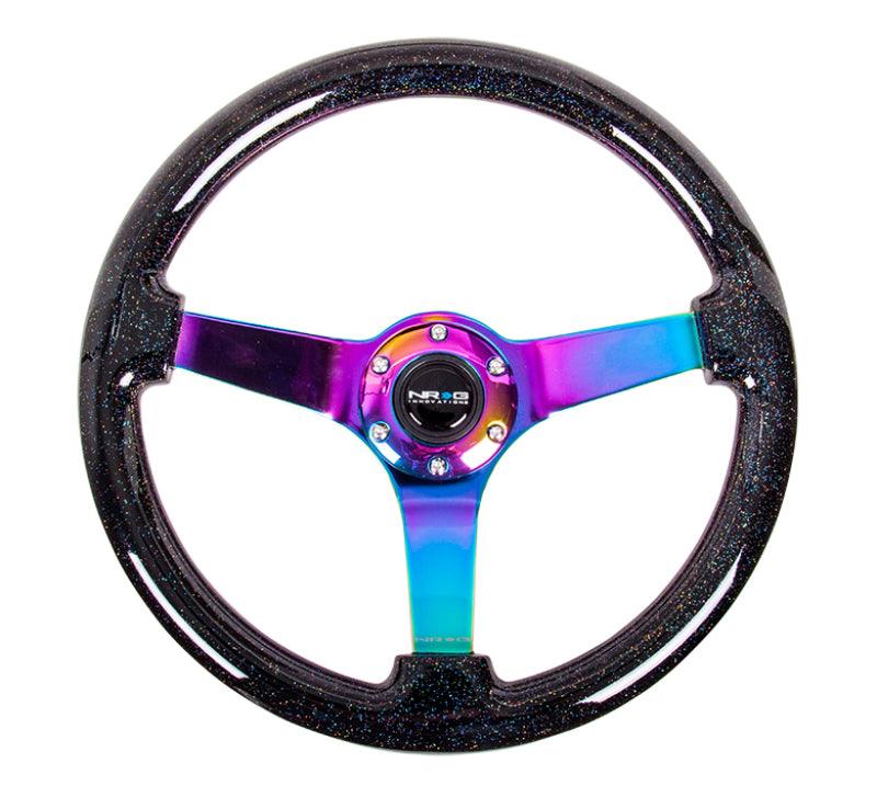 NRG Reinforced Steering Wheel (350mm / 3in. Deep) Classic Blk Sparkle w/4mm Neochrome 3-Spoke Center - Corvette Realm