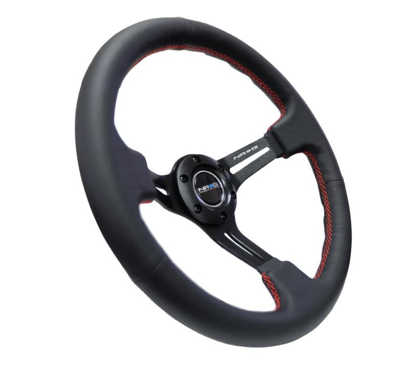 NRG Reinforced Steering Wheel (350mm / 3in. Deep) Black Leather/Red Stitch & Blk 3-Spoke w/Slits - Corvette Realm