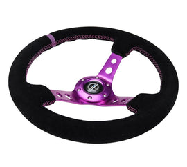 NRG Reinforced Steering Wheel (350mm / 3in. Deep) Black Suede w/Purple Center & Purple Stitching - Corvette Realm