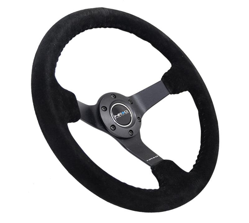 NRG Reinforced Steering Wheel (350mm / 3in. Deep) Blk Suede/Blk Bball Stitch w/5mm Matte Black Spoke - Corvette Realm