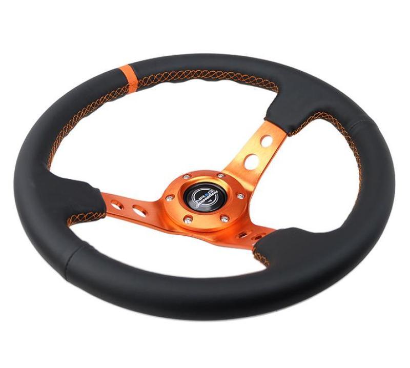 NRG Reinforce Steering Wheel (350mm / 3in. Deep) Blk Leather, Orange Center Mark w/ Orange Stitching - Corvette Realm