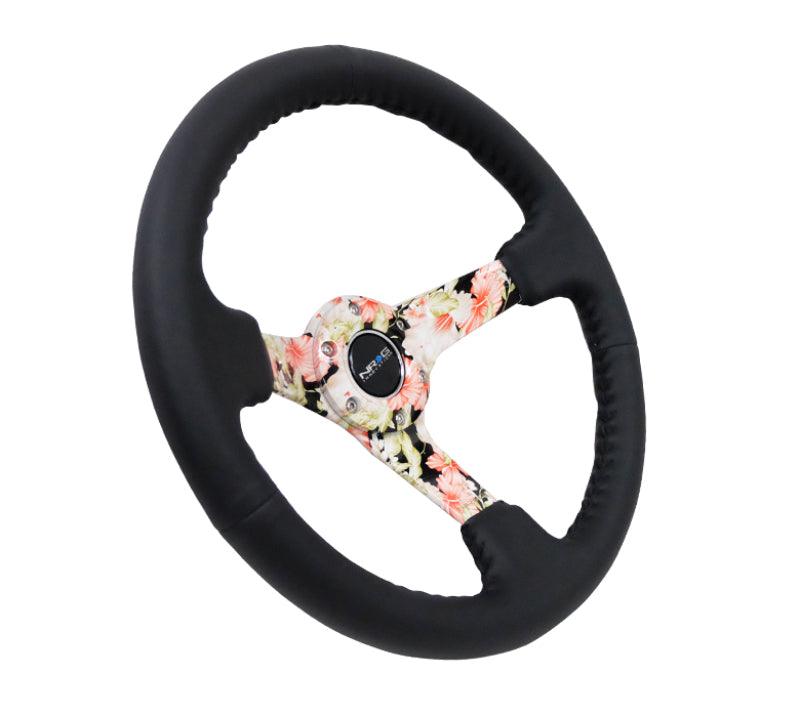 NRG Reinforced Steering Wheel (350mm / 3in. Deep) Blk Leather Floral Dipped w/ Blk Baseball Stitch - Corvette Realm