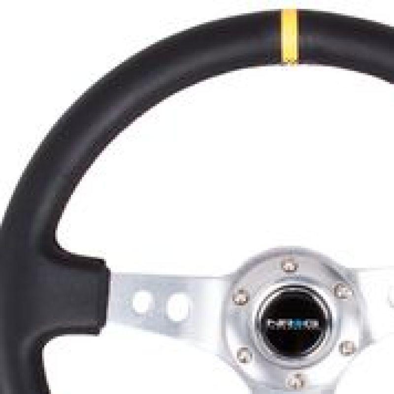 NRG Reinforced Steering Wheel (350mm / 3in. Deep) Blk Leather w/Circle Cut Spokes & Single Yellow CM - Corvette Realm