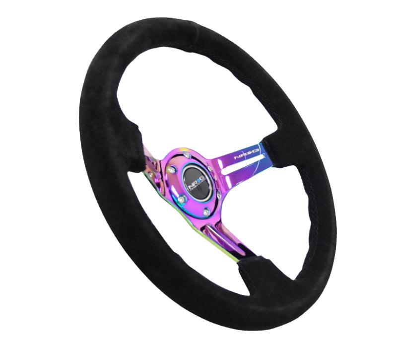 NRG Reinforced Steering Wheel (350mm / 3in. Deep) Blk Suede/Blk Stitch w/Neochrome Slits - Corvette Realm