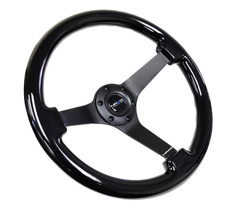 NRG Reinforced Steering Wheel (350mm / 3in. Deep) Black w/Black Chrome Solid 3-Spoke Center - Corvette Realm