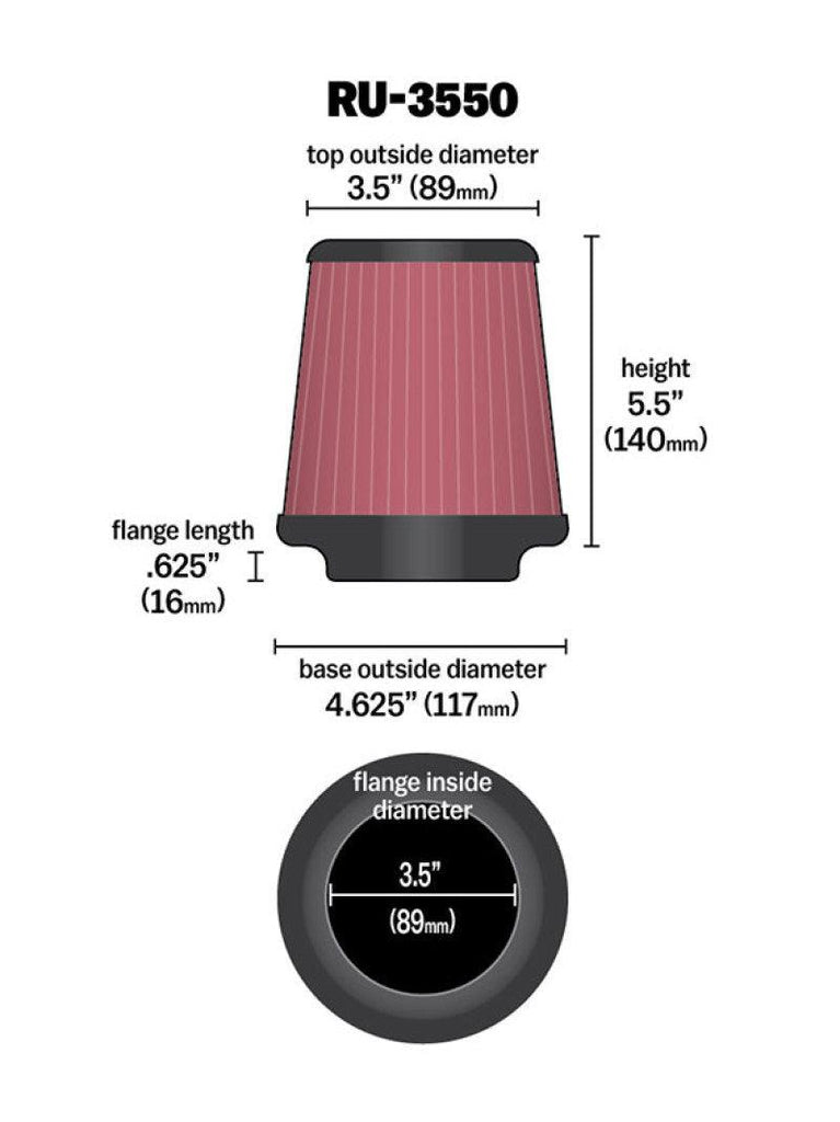 K&N Universal Rubber Filter 3 1/2 inch FLG / 4 5/8 inch Base / 3-1/2 inch Top / 5 1/2 inch Height - Corvette Realm