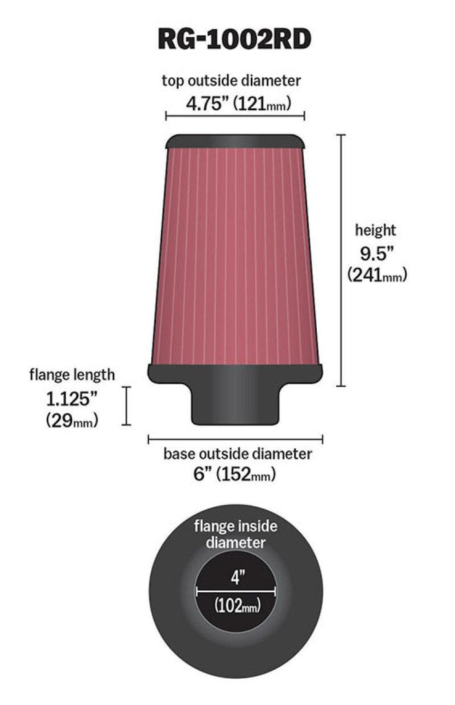 K&N Universal Air Filter Chrome Round Tapered Red - 4in Flange ID x 1.125in Flange Length x 9.5in H - Corvette Realm